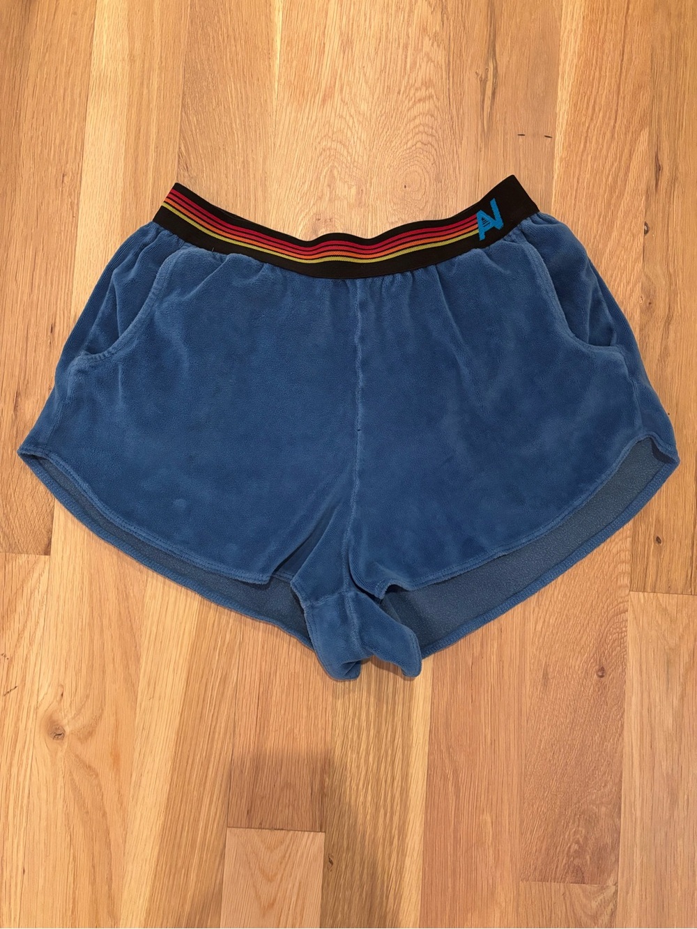 Aviator Nation Blue Terry Athletic Shorts with Rainbow Waistband